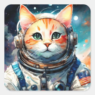 Adesivo Quadrado Adorável Gato Astronauta dos EUA