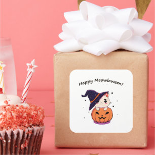 Adesivo Quadrado Adorável Gato Bruxa Kawaii em Abóbora de Halloween