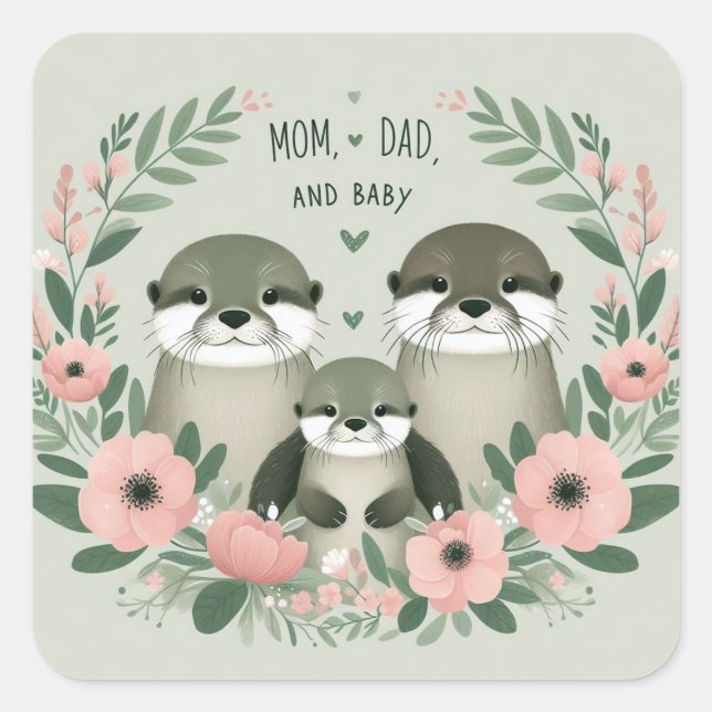 Adesivo Quadrado Adorável Otter Boho Mãe Pai e bebê (Frente)