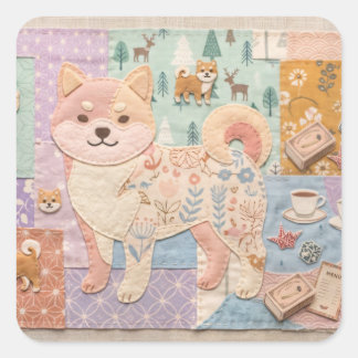 Adesivo Quadrado Adorável padrão floral patchwork de Shiba Inu japo