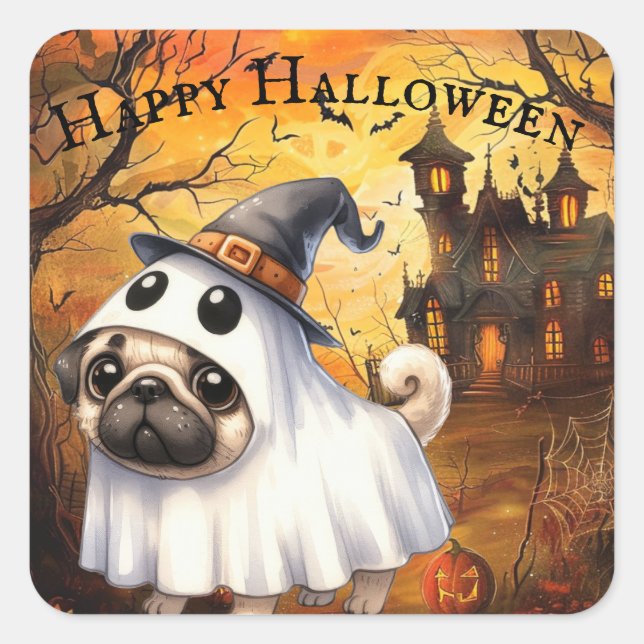 Adesivo Quadrado Adorável Pug Fantasminha Halloween Personalizável (Frente)