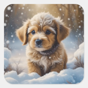 Adesivo Quadrado Adorável Puppy de Natal em uma Noite