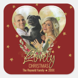 Adesivo Quadrado Adorável Vermelho Foto Dourada do Coração Glitter 