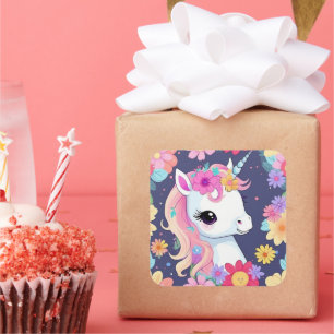 Adesivo Quadrado Adorável White Baby Unicorn com Flores