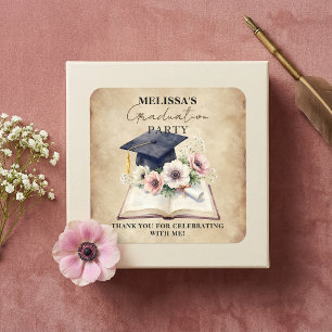 Adesivo Quadrado Adorno de Graduação com Livro Floral Vintage Obrig