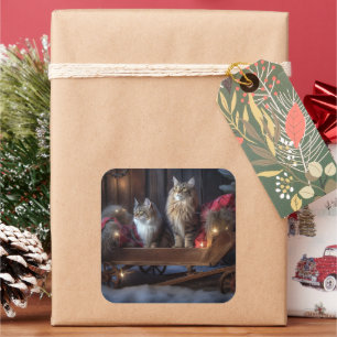 Adesivo Quadrado Adorno de Natal Maine Coon Snowy Sleigh