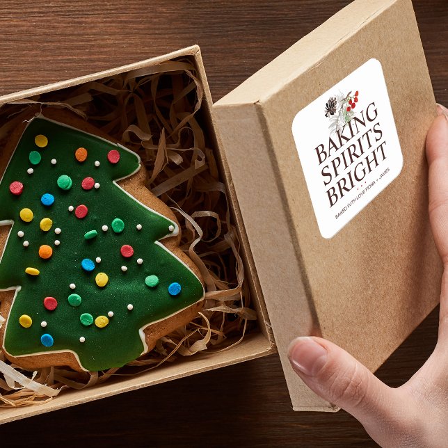 Adesivo Quadrado Adornos de Feriado para Assar Espíritos Brilhantes (Holiday Greenery Baking Spirits Bright Square Sticker)
