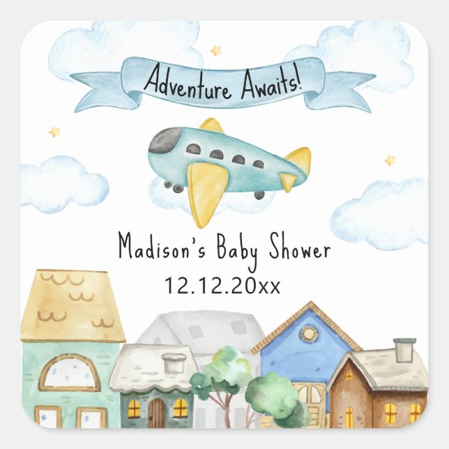 Adesivo Quadrado Adventure Awaits Aviator Airplane Baby Shower  (Frente)