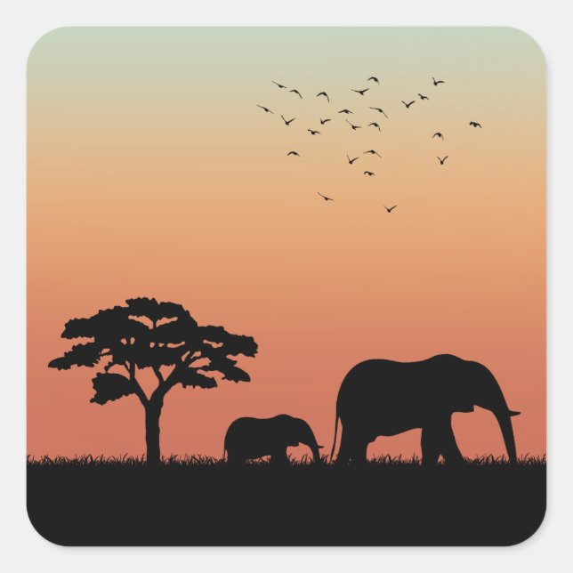 Adesivo Quadrado Afafricano Safari Sunset Elephant Silhouette (Frente)