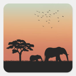 Adesivo Quadrado Afafricano Safari Sunset Elephant Silhouette