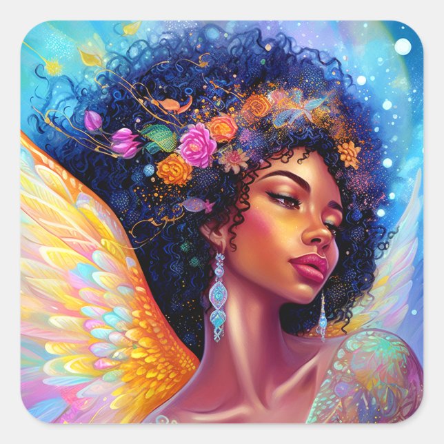 Adesivo Quadrado África-americana Angel Lady Fantasy Art (Frente)