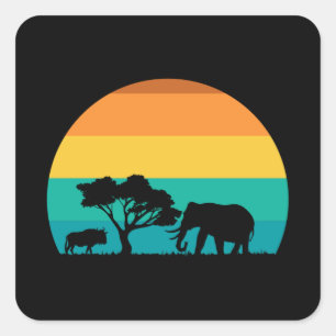 Adesivo Quadrado África Pôr Do Sol Com Elefante E Gnu Retro