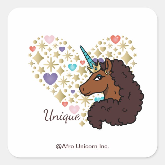 Adesivo Quadrado Afro Unicorn | Design de Coração Único (Frente)