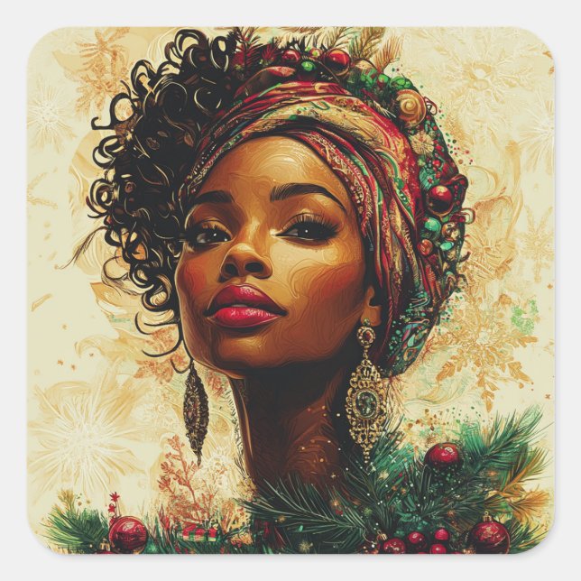 Adesivo Quadrado Afrocentric Christmas Queen–Flat Holiday Card (Frente)