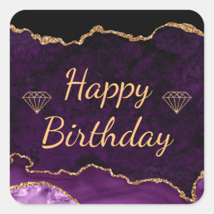Adesivo Quadrado Ágata Brilho Roxo e Dourado Feliz Aniversário