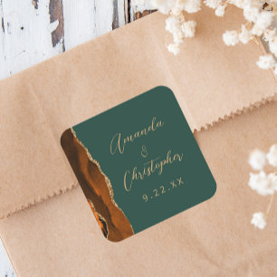Adesivo Quadrado Ágata Laranja Queimada Dourado Script Verde Escuro