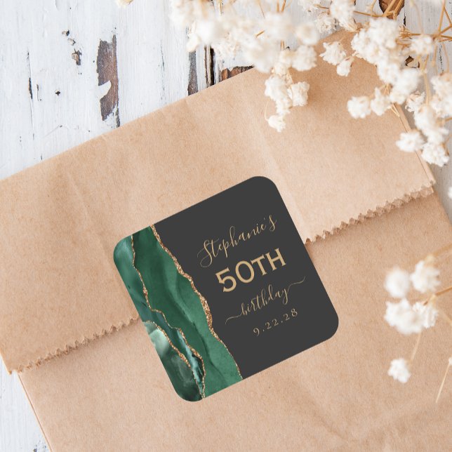 Adesivo Quadrado Agate Script Emerald Green - 50º Aniversário Doura (Criador carregado)