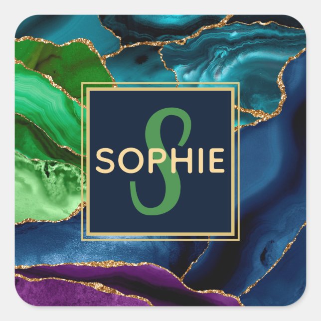 Adesivo Quadrado Agitação Dourada de brilho azul e verde (Frente)
