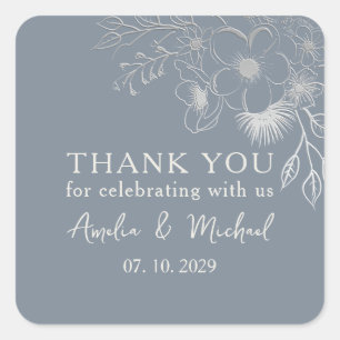 Adesivo Quadrado Agradecimento de Casamento Azul Empoeirado Vintage