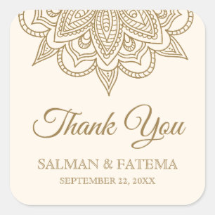 Adesivo Quadrado Agradecimento de casamento Cream and Gold Henna Me