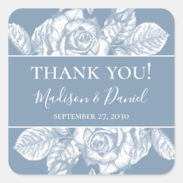 Adesivo Quadrado Agradecimento de Casamento Floral Azul Poeira
