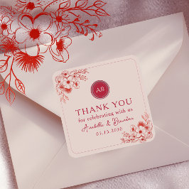 Adesivo Quadrado Agradecimento de Casamento Floral Rosa Vermelho