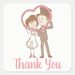 Adesivo Quadrado Agradecimento de Casamento Rosa Cartoon Noiva Noiv