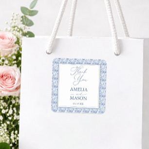 Adesivo Quadrado Agradecimento de Casamento Vintage Floral Azul Ele