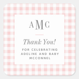 Adesivo Quadrado Agradecimento de Monograma Xadrez Rosa e Branco
