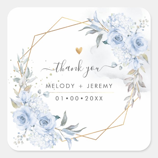 Adesivo Quadrado Agradecimento Elegante de Rosas em Aquarela Azul P (Frente)