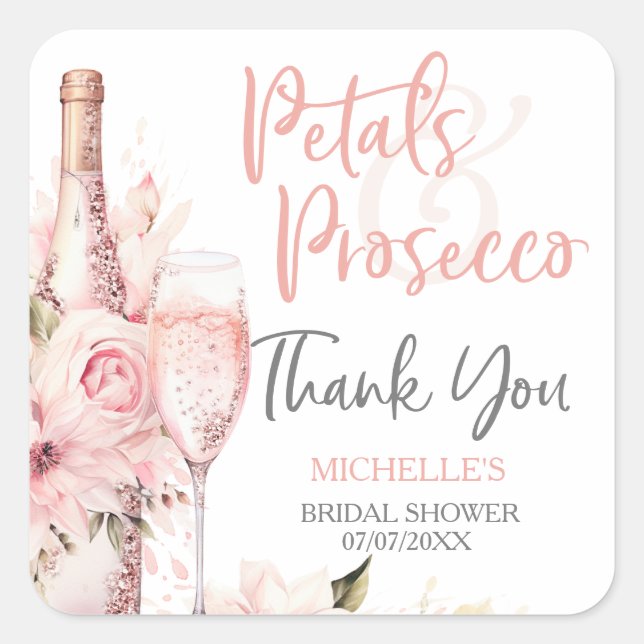 Adesivo Quadrado Agradecimento Floral Prosecco Pétalas Boho Rosa Co (Frente)