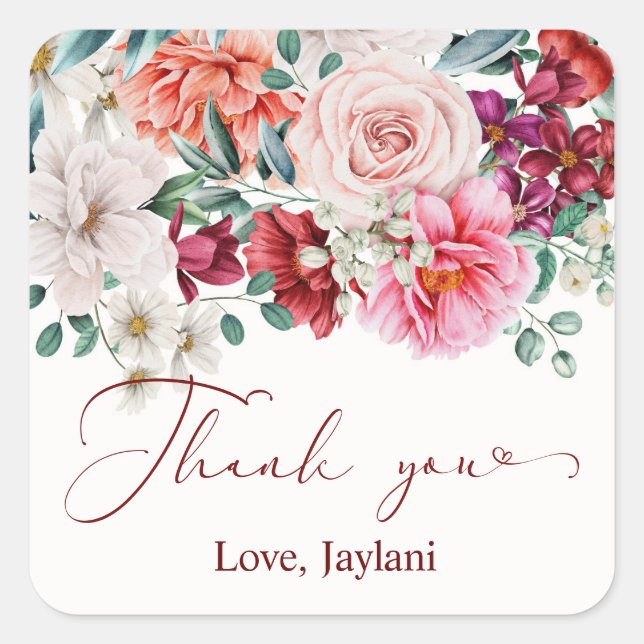 Adesivo Quadrado Agradecimento Peônia Boho Aguarela Floral (Frente)