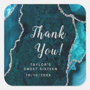 Adesivo Quadrado Agradecimento Teal e Silver Agate Sweet Sixteen