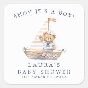Adesivo Quadrado Ahoy É um Menino Urso Teddy Náutico Chá de Bebê