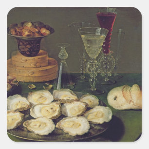 Adesivo Quadrado Ainda vida com ostras e vidros (óleo no painel)