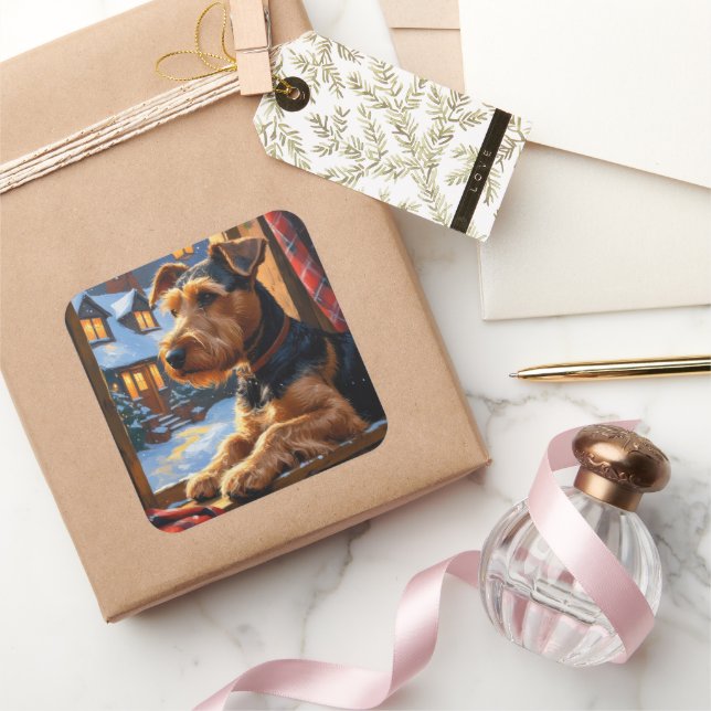 Adesivo Quadrado Airedale Terrier With Christmas Lights Holiday  (Presentear)