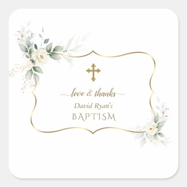 Adesivo Quadrado Airy Greenery White Flowers Boy Christening (Frente)