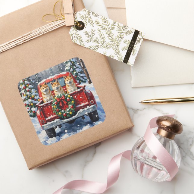 Adesivo Quadrado Akita Christmas Red Truck Holiday (Presentear)