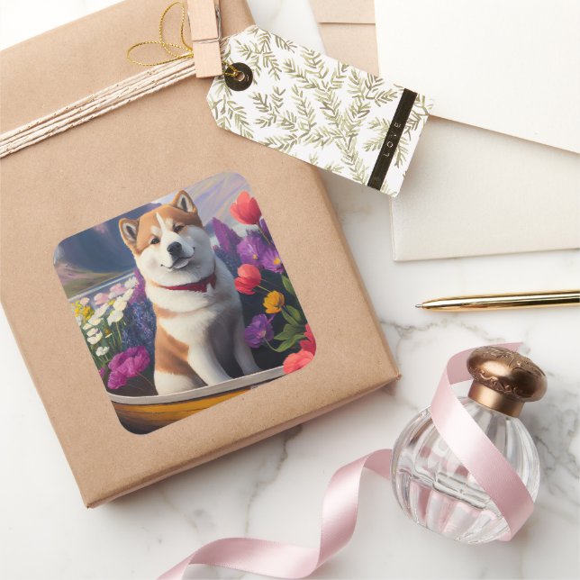 Adesivo Quadrado Akita Dog em um Paddle: Uma Aventura Cênica (Presentear)