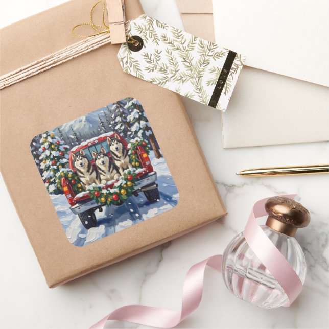 Adesivo Quadrado Alaskan Malamute Christmas Red Truck Holiday (Presentear)