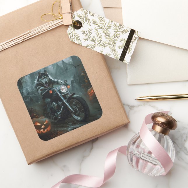 Adesivo Quadrado Alaskan Malamute Dirigindo Motocicleta Assustador (Presentear)