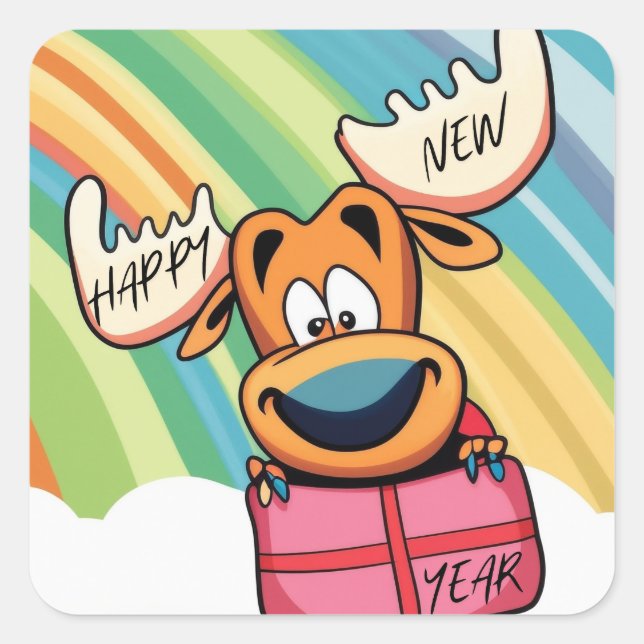 Adesivo Quadrado Alce feliz ano novo - Design de Celebração Festiva (Frente)