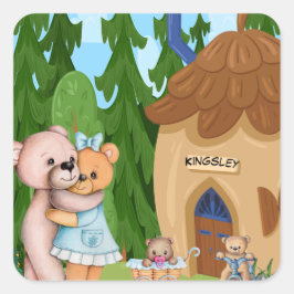 Adesivo Quadrado Aldeia de Picnic do Urso de Teddy Personalizada