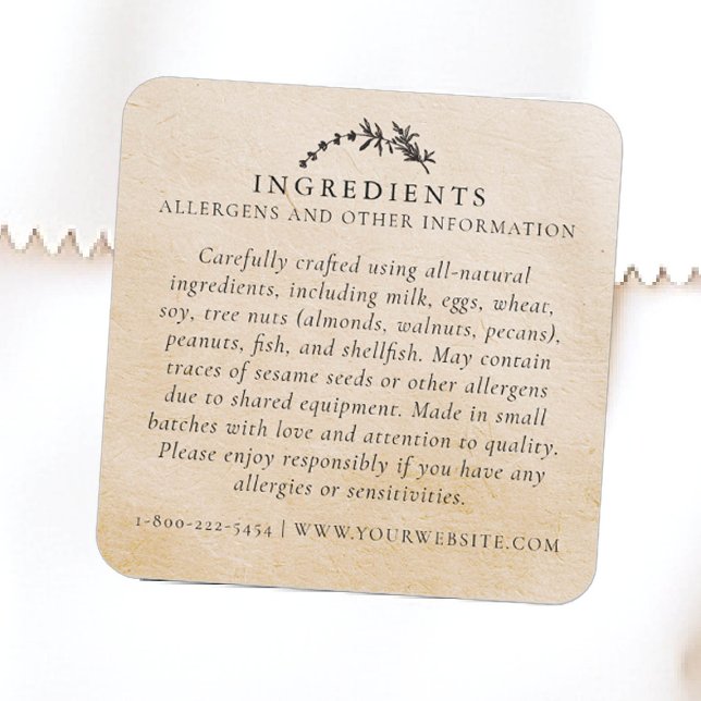 Adesivo Quadrado Alergênios de segurança da comida Kraft Leaf Produ (product packaging sticker artisan business blackboard handmade homemade ingredients kraft gift)