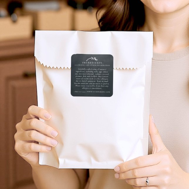 Adesivo Quadrado Alergênios de segurança de comida Produto artesana (product packaging sticker artisan business gift blackboard handmade homemade ingredients black)