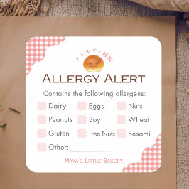 Adesivo Quadrado Alerta de Alergia ao Pãozinho Kawaii Vermelho Xadr