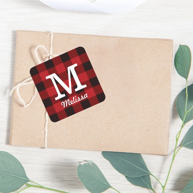 Adesivo Quadrado Algodão primitivo Lumberjack Xadrez de búfalo verm (Primitive Cottage Red buffalo Plaid lumberjack Square Sticker)