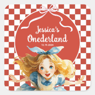 Adesivo Quadrado Alice de xadrez vermelho no ONEDERLAND de 1º anive