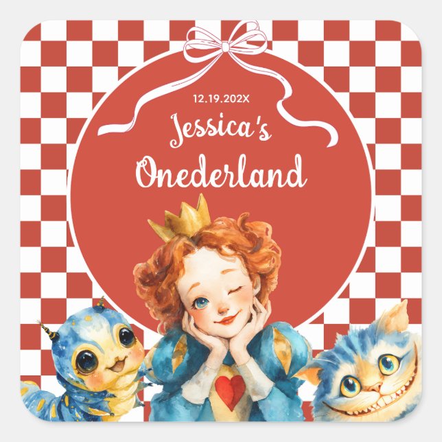 Adesivo Quadrado Alice in ONEDERLAND Queen of Hearts 1st Birthday  (Frente)