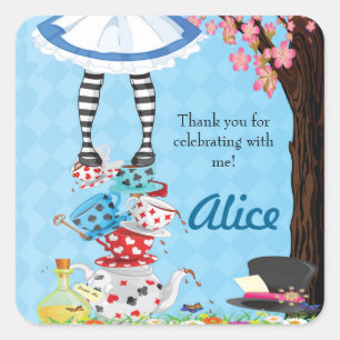 Adesivo Quadrado Alice no País das Maravilhas, Favor do Aniversár